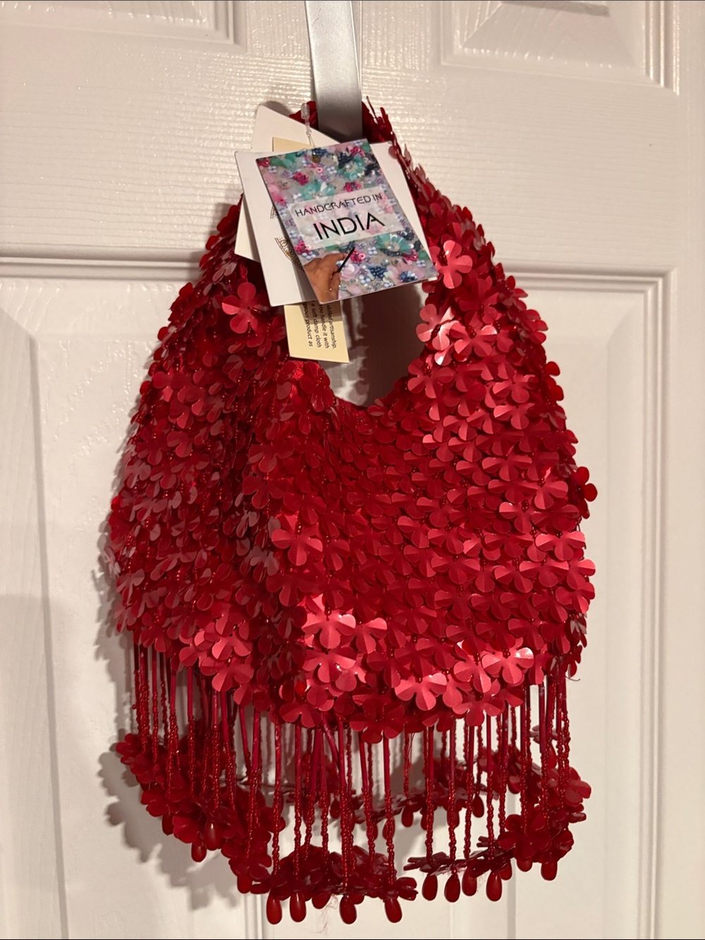 BNWT Handmade Red Sequin Beaded Fringe Hobo Bag India Statement Purse